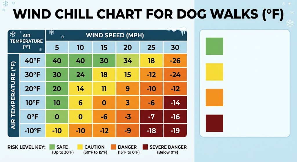 Wind Chill Chart for Dog Walks (°F)