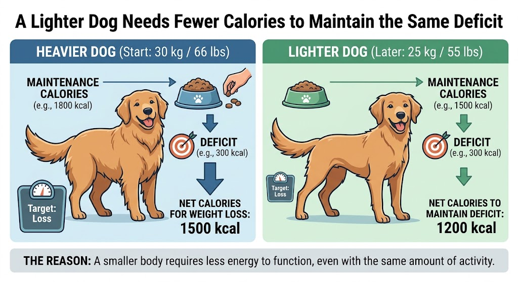 A Lighter Dog Needs Fewer Calories to Maintain the Same Deficit